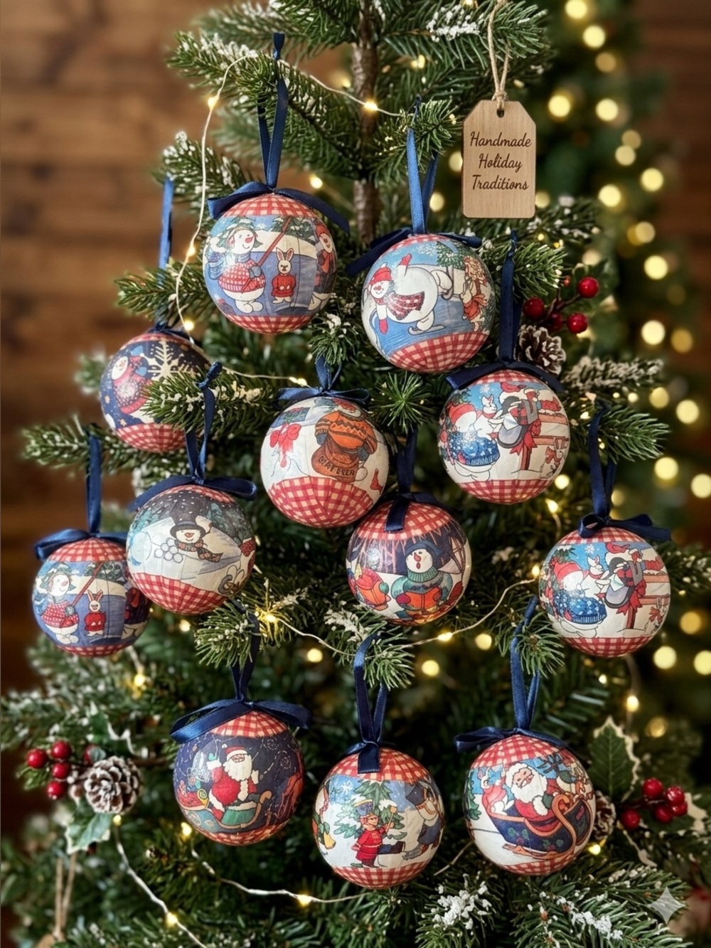 Frosty and Friends 12 Decoupage Christmas Ornaments Americana Vintage Farmhouse